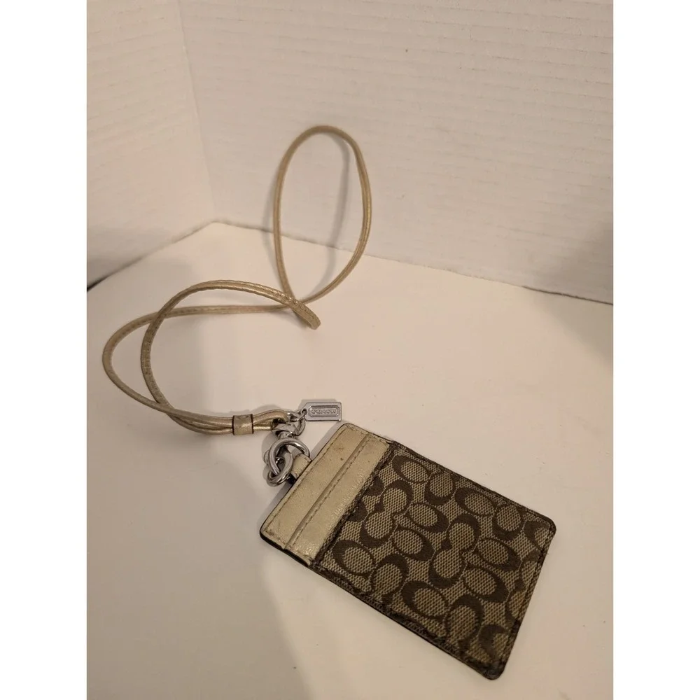 Coach Gold Logo Print Leather Canvas Women's‎ ID Holder Lanyard Document Case
